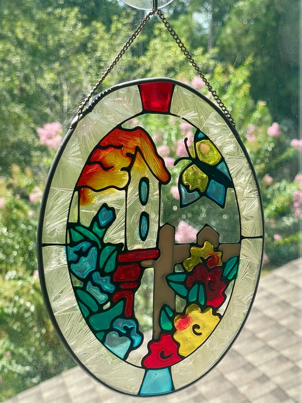 Faux Stained Glass Birdhouse & Butterfly Oval Suncatcher